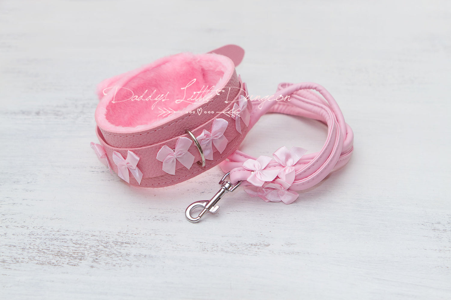 Pink Bondage Choker Day Collar and leash set for femdom, cosplay as Cat, Kitten, Kitty, Puppy, Fox, Bunny, Daddy's Little Girl, ABDL, DDLG, MDLG, MDLB, DDLB, light BDSM bondage play or Pet play.