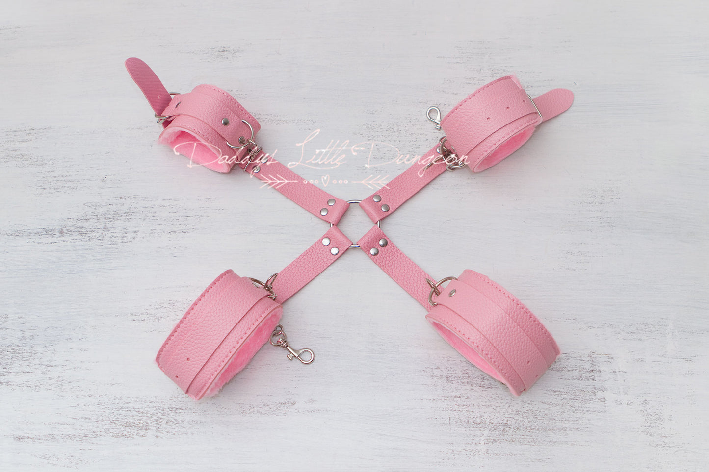 Pink BDSM Bondage Set ~ Hogtie Restraints ~ Fuzzy Handcuffs, Fur Ankle Cuffs & Harness  ~ Kinky Sex Toys Fetish ~ mature