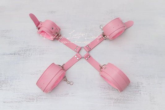 Pink BDSM Bondage Set ~ Hogtie Restraints ~ Fuzzy Handcuffs, Fur Ankle Cuffs & Harness  ~ Kinky Sex Toys Fetish ~ mature