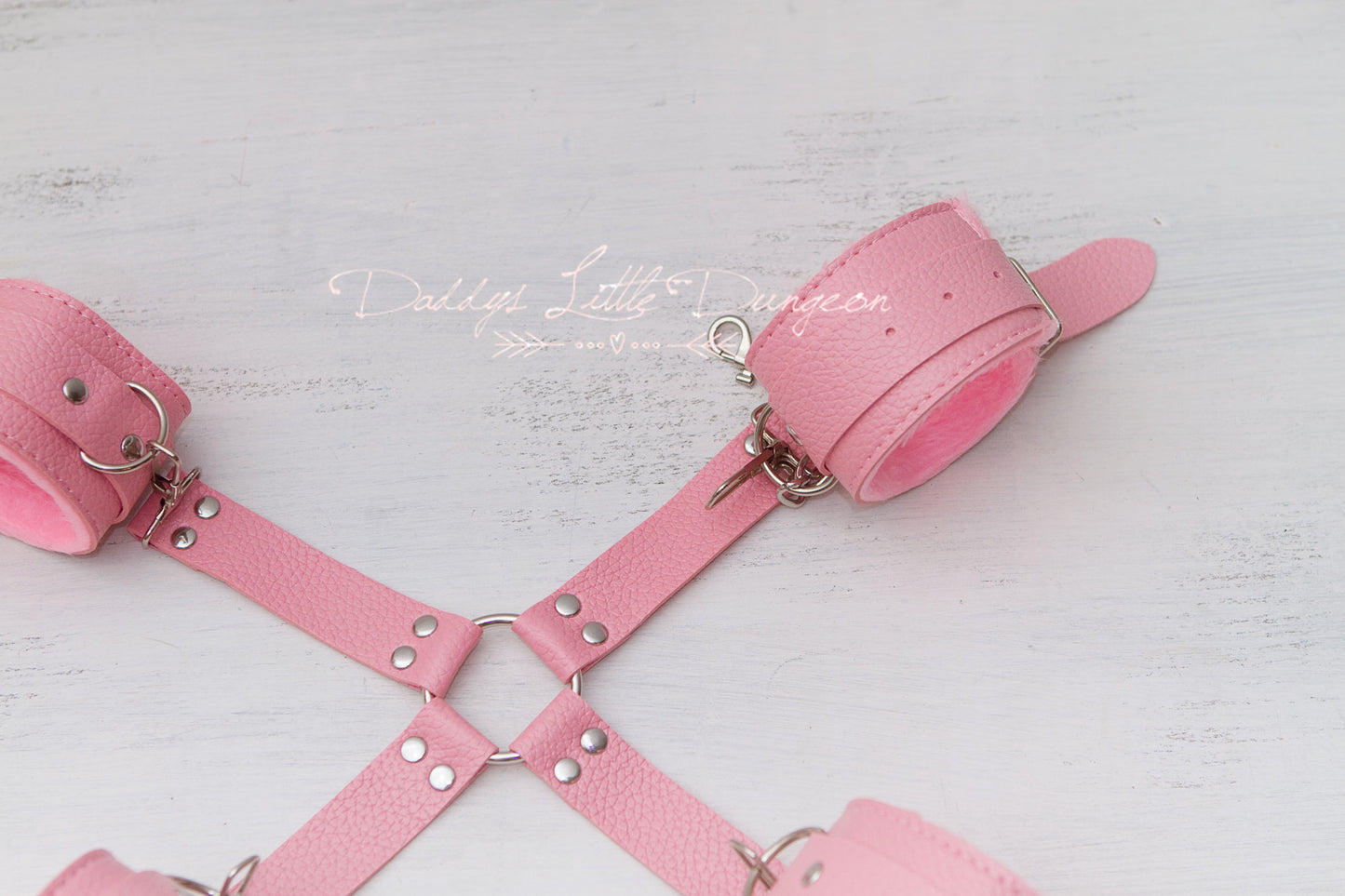 Pink BDSM Bondage Set ~ Hogtie Restraints ~ Fuzzy Handcuffs, Fur Ankle Cuffs & Harness  ~ Kinky Sex Toys Fetish ~ mature