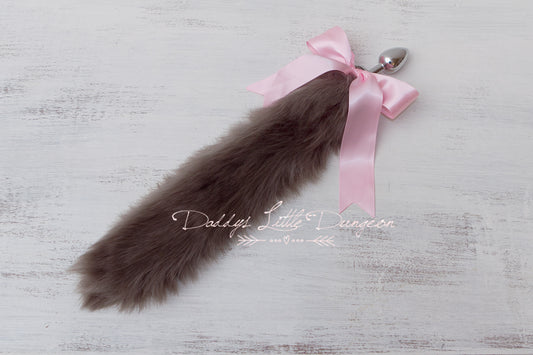 Cute gray and pink DDLG butt plug fox tail for anal, BDSM sex toys, Kawaii cosplay, Femdom sissy plug, petplay and pet play.