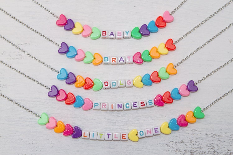 DDLG BDSM Cute Custom Naughty Nickname Word Heart Bead Necklace ABDL Baby PetPlay Kitten Kawaii Daddys Little Girl Pastel Goth mature mdlg