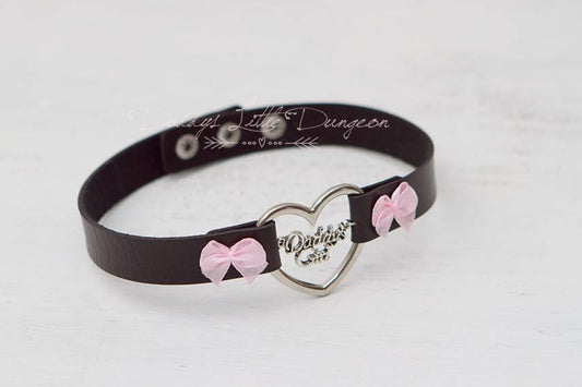 BDSM DDLG Black Daddy's Girl Charm Heart Day Collar Lolita Choker Pink Satin Bows Pet Play Submissive Little Baby Kitten Petplay ABDL mature