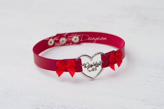 BDSM DDLG Red Daddy's Girl Charm Heart Day Collar Lolita Choker Satin Bows Pet Play Kitty Submissive Little Baby Kitten Petplay ABDL mature