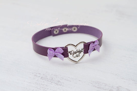 BDSM DDLG Purple Daddy's Girl Charm Heart Day Collar Lolita Choker Satin Bows Pet Play Kitty Submissive Little Baby Kitten ABDL mature