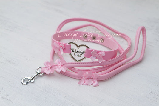 DDLG Pretty Pink Daddys Girl Charm BDSM Bondage Collar & Leash Set with Satin Bows