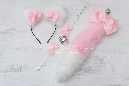 Pink Petplay Set Ears Collar Anal Butt Plug Tail 18+ Pretty Pet Play for Fox Kitty Kitten Cat Femdom Kinky Cosplay BDSM ABDL DDLG mature