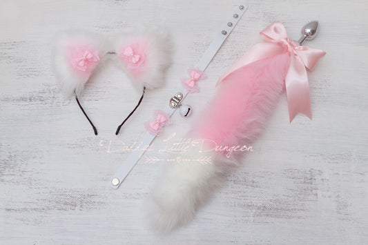 Pink Petplay Set - Collar Anal Butt Plug Tail Ears for BDSM DDLG 18+ Pet Play - Little Fox Kitty Kitten Cat Sub Princess Cosplay ABDL mature