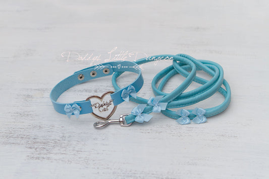 DDLG Pretty Blue BDSM Bondage Collar & Leash Set Bows Submissive Master Girly Sissy Daddys Little Girl Kawaii ABDL mature Baby mommy kitten