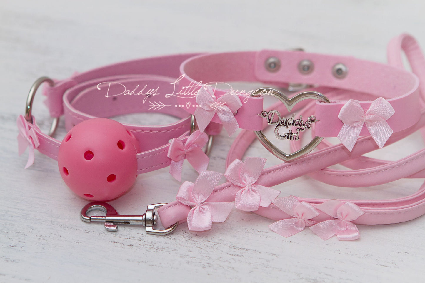 DDLG Pretty Pink BDSM Bondage Collar Leash Ball Gag Set Bows Submissive Master Girly Sissy Daddys Little Girl Kawaii ABDL mature Baby mommy