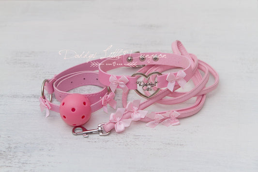 DDLG Pretty Pink BDSM Bondage Collar Leash Ball Gag Set Bows Submissive Master Girly Sissy Daddys Little Girl Kawaii ABDL mature Baby mommy