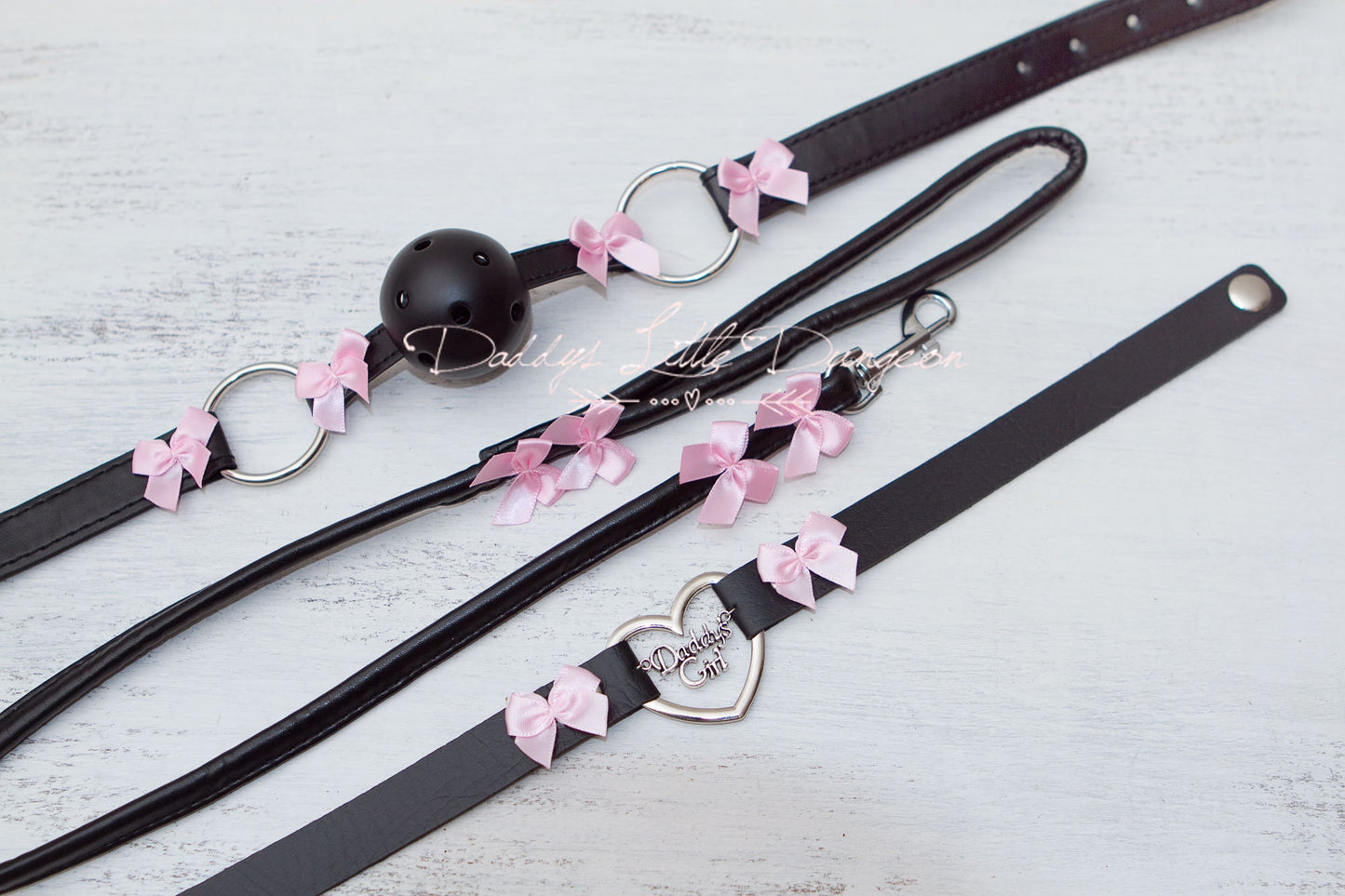 DDLG Pretty Black BDSM Bondage Collar Leash Ball Gag Set Bows Submissive Master Girly Sissy Daddys Little Girl Kawaii ABDL mature Baby mommy