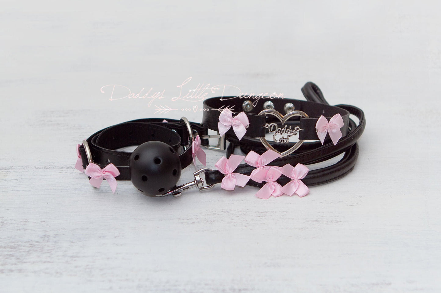 DDLG Pretty Black BDSM Bondage Collar Leash Ball Gag Set Bows Submissive Master Girly Sissy Daddys Little Girl Kawaii ABDL mature Baby mommy