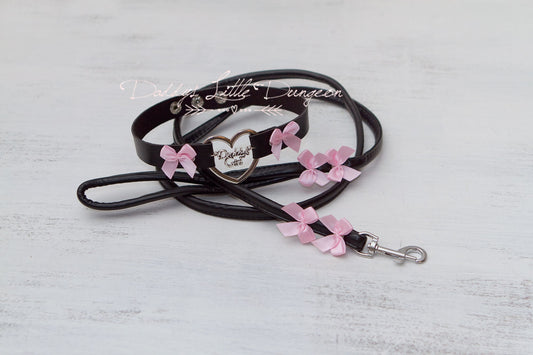 DDLG Pretty Black Pink BDSM Bondage Collar & Leash Set Bows Submissive Master Girly Sissy Daddys Little Girl Kawaii ABDL mature Baby mommy