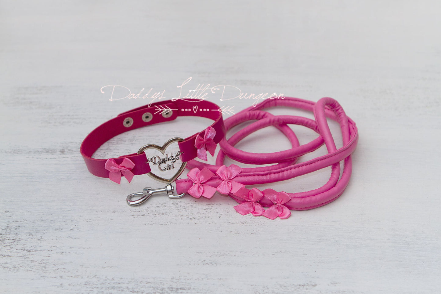 DDLG Pretty Pink BDSM Bondage Collar & Leash Set Bows Submissive Master Girly Sissy Daddys Little Girl Kawaii ABDL mature Baby mommy kitten