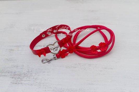 DDLG Pretty Red BDSM Bondage Collar & Leash Set Bows Submissive Master Girly Sissy Daddys Little Girl Kawaii ABDL mature Baby mommy kitten