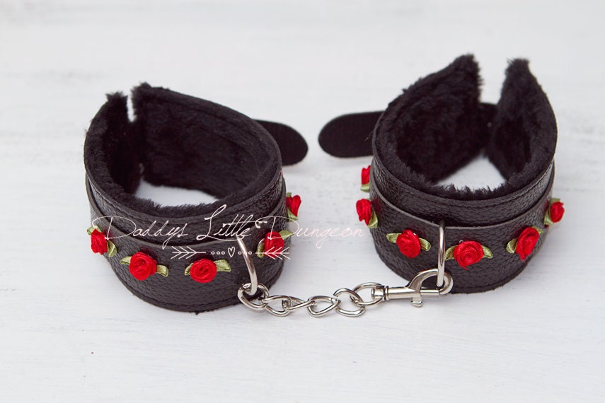 BDSM BONDAGE SET ~ 2 Pairs Black Fuzzy Wrist Handcuffs & Ankle Cuffs - Soft Fur and Faux Leather Restraints with Red Roses- mature