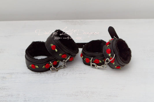 BDSM BONDAGE SET ~ 2 Pairs Black Fuzzy Wrist Handcuffs & Ankle Cuffs - Soft Fur and Faux Leather Restraints with Red Roses- mature