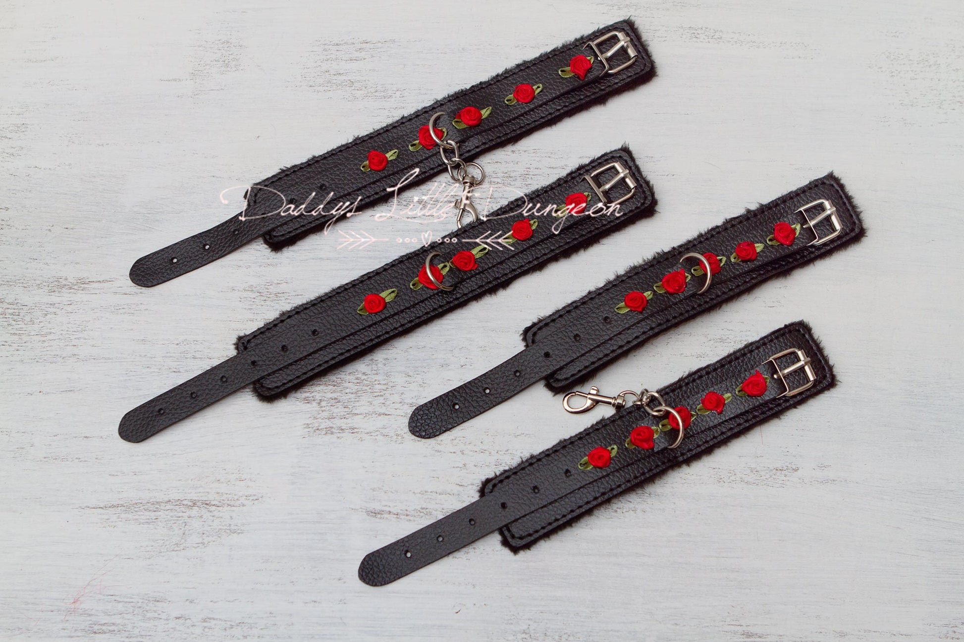 BDSM BONDAGE SET ~ 2 Pairs Black Fuzzy Wrist Handcuffs & Ankle Cuffs - Soft Fur and Faux Leather Restraints with Red Roses- mature