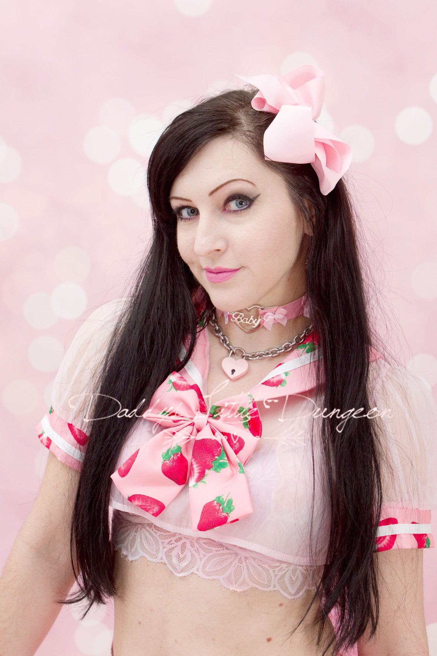 BDSM DDLG Pink BABY Daddy's Girl Charm Heart Day Collar Lolita Choker Satin Bows Pet Play Kitty Submissive Little Kitten Petplay abdl mature