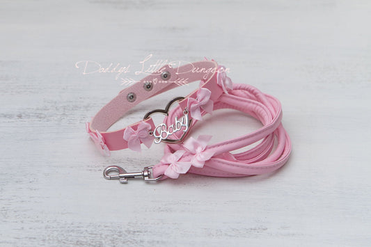 DDLG Pretty Pink BABY bdsm Bondage Collar & Leash Set Bows Submissive Master Girly Sub Sissy Daddys Little Girl Kawaii ABDL mature mommy