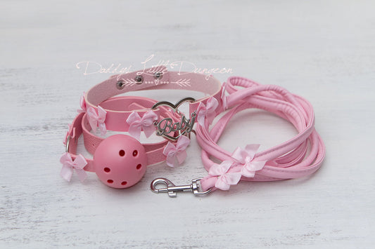 DDLG Pretty Pink BABY Bondage Collar Leash Ball Gag Set Bows Submissive Master Girly Sissy Daddys Little Girl Kawaii ABDL mature bdsm mommy