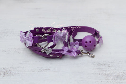 DDLG Pretty Purple BDSM Bondage Collar Leash & Ball Gag Set Satin Bows Sub Master Girly Sub Sissy Daddys Little Girl Kawaii ABDL mature