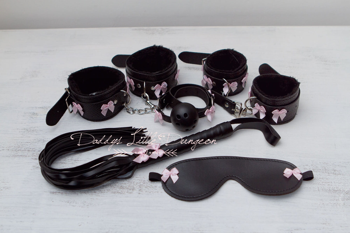 bdsm ~ COMPLETE BONDAGE SET ~ Wrist Ankle Cuffs Ball Gag Bit Eye Mask Whip Bows Submissive Daddys Girl Master Kinky Fetish abdl ddlg mature