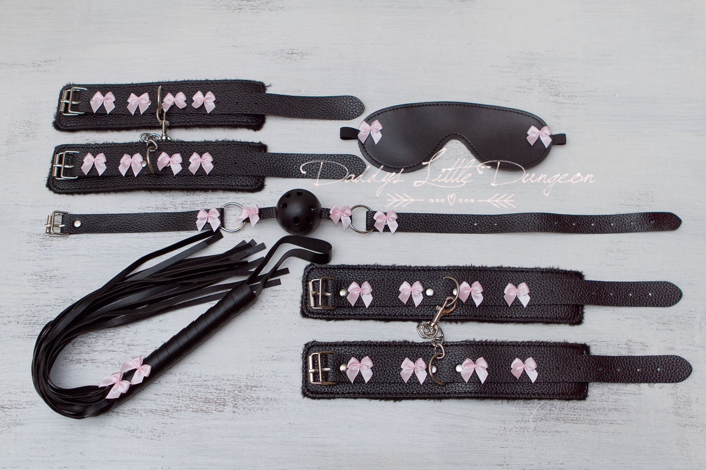 bdsm ~ COMPLETE BONDAGE SET ~ Wrist Ankle Cuffs Ball Gag Bit Eye Mask Whip Bows Submissive Daddys Girl Master Kinky Fetish abdl ddlg mature