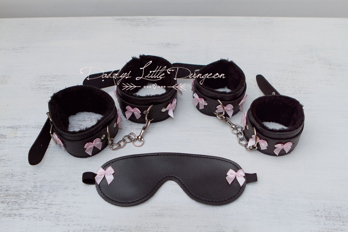 bdsm ~ MASKED BONDAGE SET ~ Pink Bow Wrist Ankle Cuffs & Eye Mask Sub Daddys Girl Boy Kitten Master Kinky Fetish ddlb ddlg mature mdlb mdlg