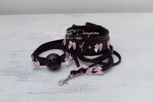 DDLG Pretty Black Furry BDSM Bondage Collar Leash & Ball Gag Set Satin Bows Sub Master Girly Sub Sissy Daddys Little Girl Kawaii ABDL mature