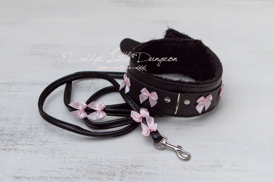 DDLG Pretty Black Furry BDSM Bondage Collar & Leash Set Satin Bows Submissive Master Girly Sub Sissy Daddys Little Girl Kawaii ABDL mature