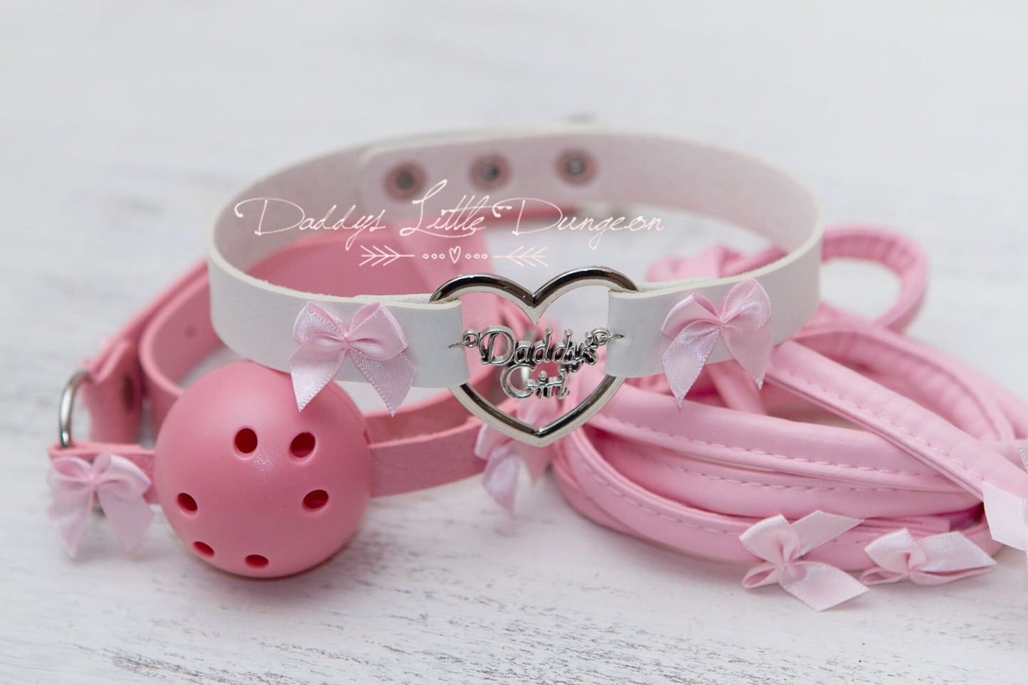 DDLG Pretty Pink Daddy's Girl BDSM Bondage Collar Leash Ball Gag Set Bows Submissive Master Girly Sissy Little Kawaii ABDL mature Baby mommy