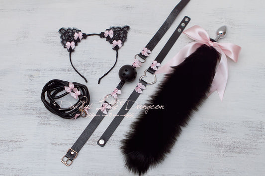 18+ Pretty Bows Pet Play Starter Set! Fox Kitty Ears Collar Leash Anal Butt Plug Tail Ball Gag Kitten Cat Petplay BDSM ABDL DDLG mature