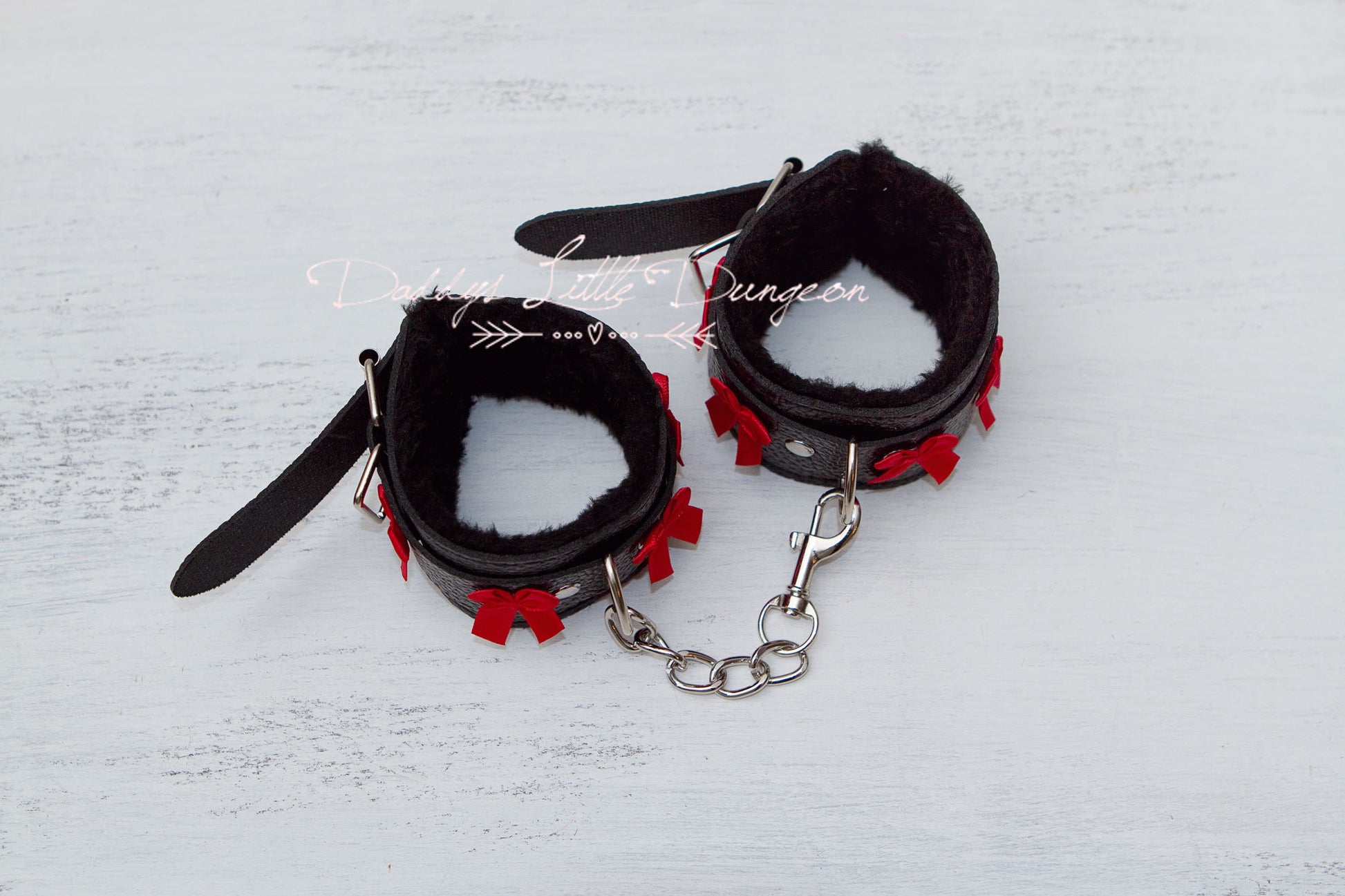 Cute Furry BDSM Handcuffs - Bondage Wrist Cuffs - Sub Restraints - Gothic Black with Red Bows for Girly Sub - mature