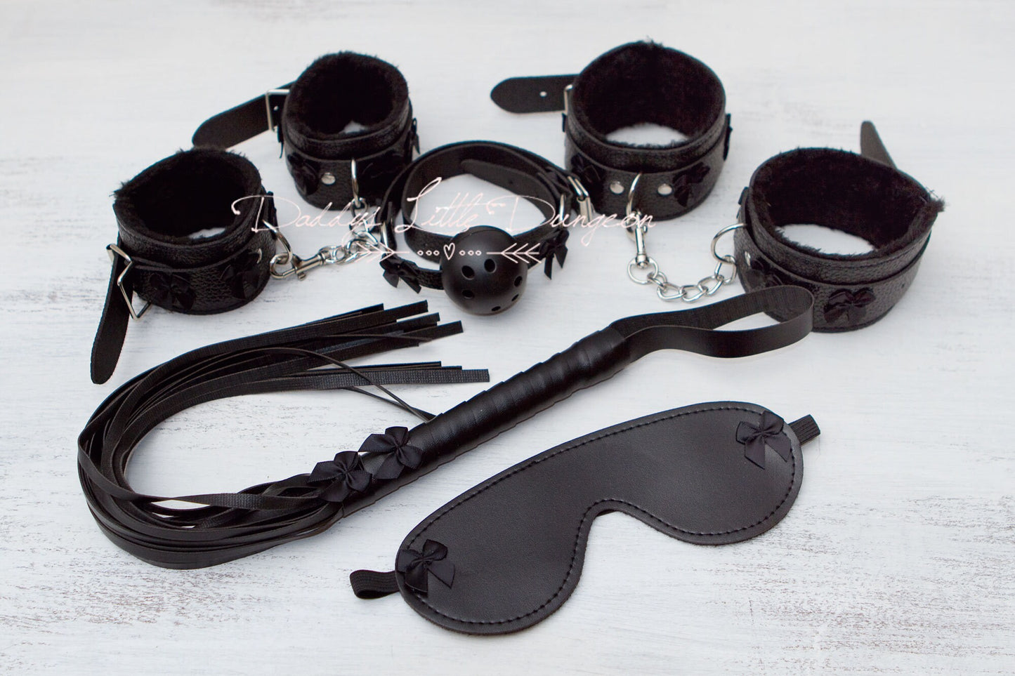 bdsm ~ COMPLETE BONDAGE SET ~ Gothic Wrist Ankle Cuffs Ball Gag Bit Eye Mask Whip Bows Sub Daddys Girl Master Kinky Fetish abdl ddlg mature