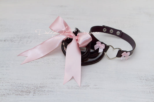 DDLG Pretty Gothic Heart and Bow BDSM Bondage Collar & Leash Set - Sub Lolita Master Sissy Daddy's Little Girl ABDL mature Baby mommy's mdlg