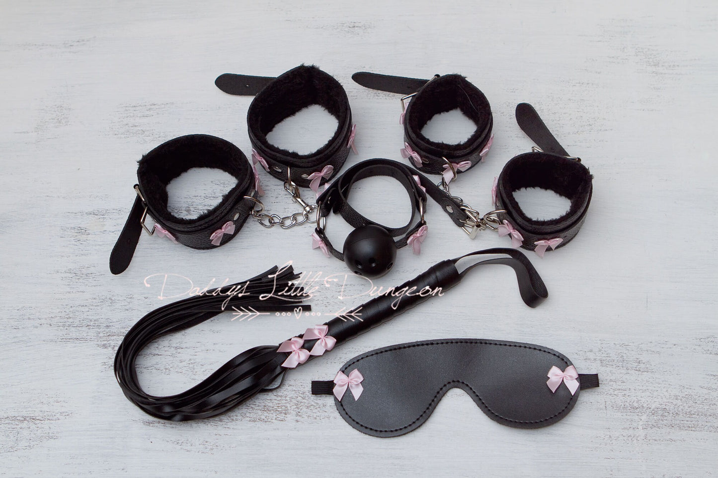 bdsm ~ COMPLETE BONDAGE SET ~ Wrist Ankle Cuffs Ball Gag Bit Eye Mask Whip Bows Submissive Daddys Girl Master Kinky Fetish abdl ddlg mature