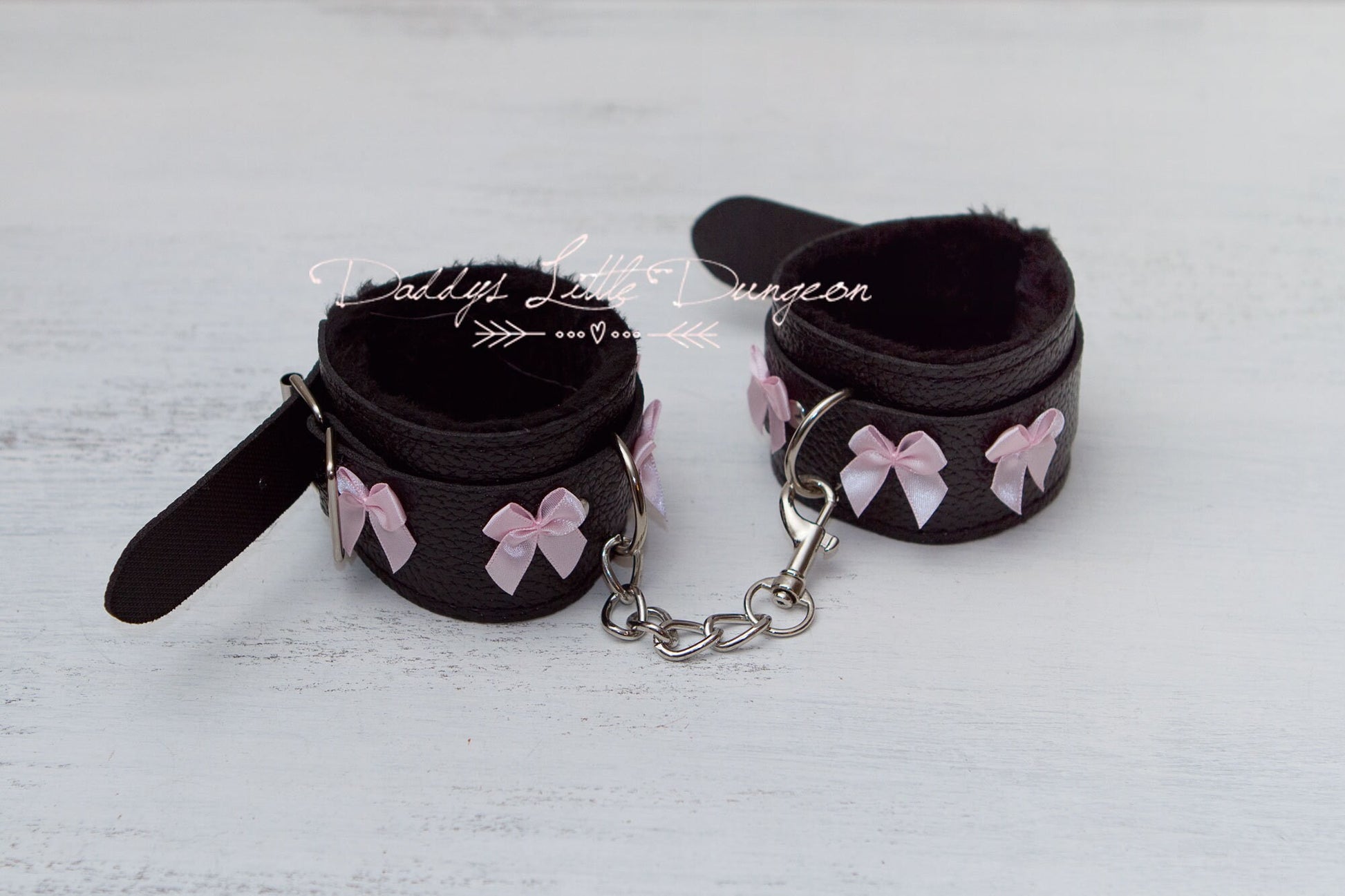 Fluffy Handcuffs - Cute Bondage Black Furry Wrist Cuffs with Purple Bows - Kawaii BDSM Fuzzy Fur Restraints