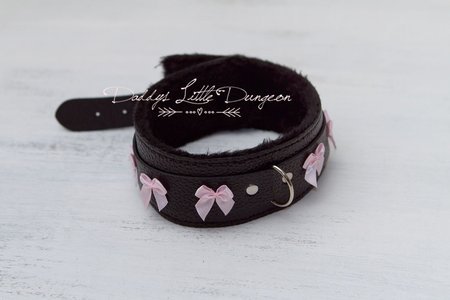 DDLG Pretty Black Furry BDSM Bondage Collar & Leash Set Satin Bows Submissive Master Girly Sub Sissy Daddys Little Girl Kawaii ABDL mature