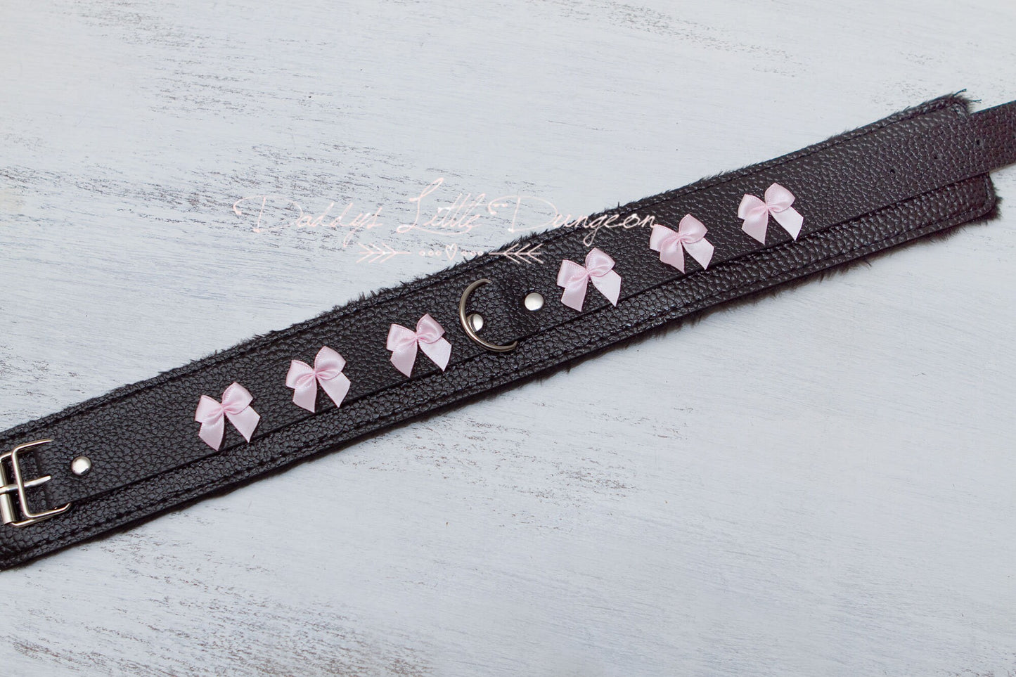 DDLG Pretty Black Furry BDSM Bondage Collar & Leash Set Satin Bows Submissive Master Girly Sub Sissy Daddys Little Girl Kawaii ABDL mature