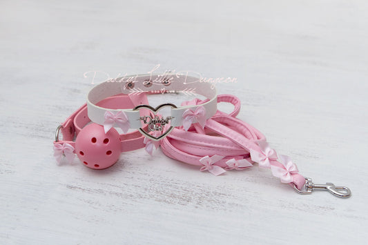 DDLG Pretty Pink Daddy's Girl BDSM Bondage Collar Leash Ball Gag Set Bows Submissive Master Girly Sissy Little Kawaii ABDL mature Baby mommy