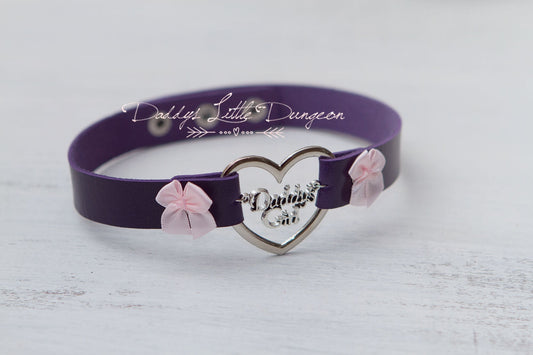 BDSM DDLG Purple Pink Daddy's Girl Charm Heart Day Collar Lolita Choker Satin Bows Pet Play Kitty Submissive Little Baby Kitten ABDL mature