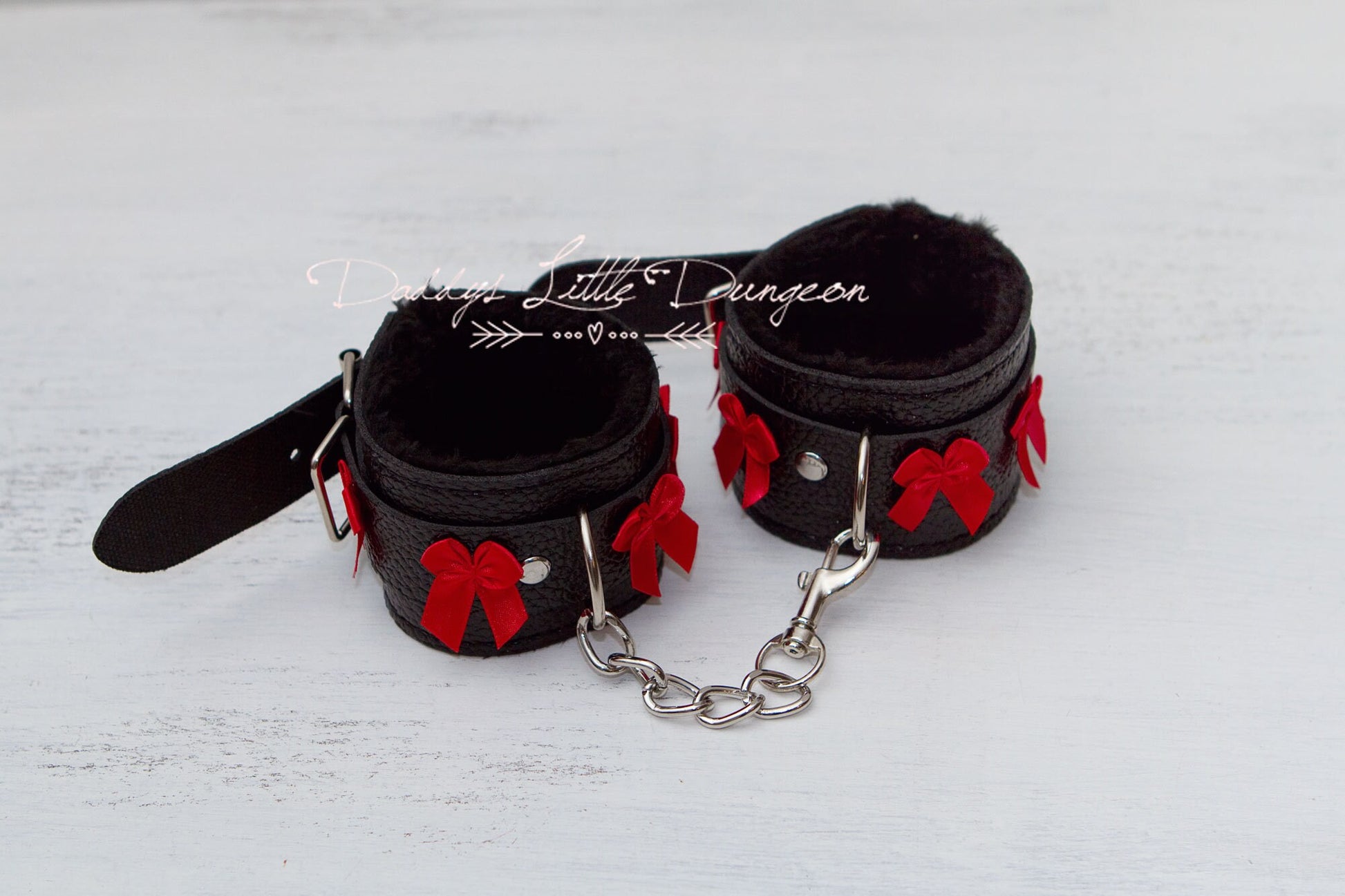 Cute Furry BDSM Handcuffs - Bondage Wrist Cuffs - Sub Restraints - Gothic Black with Red Bows for Girly Sub - mature