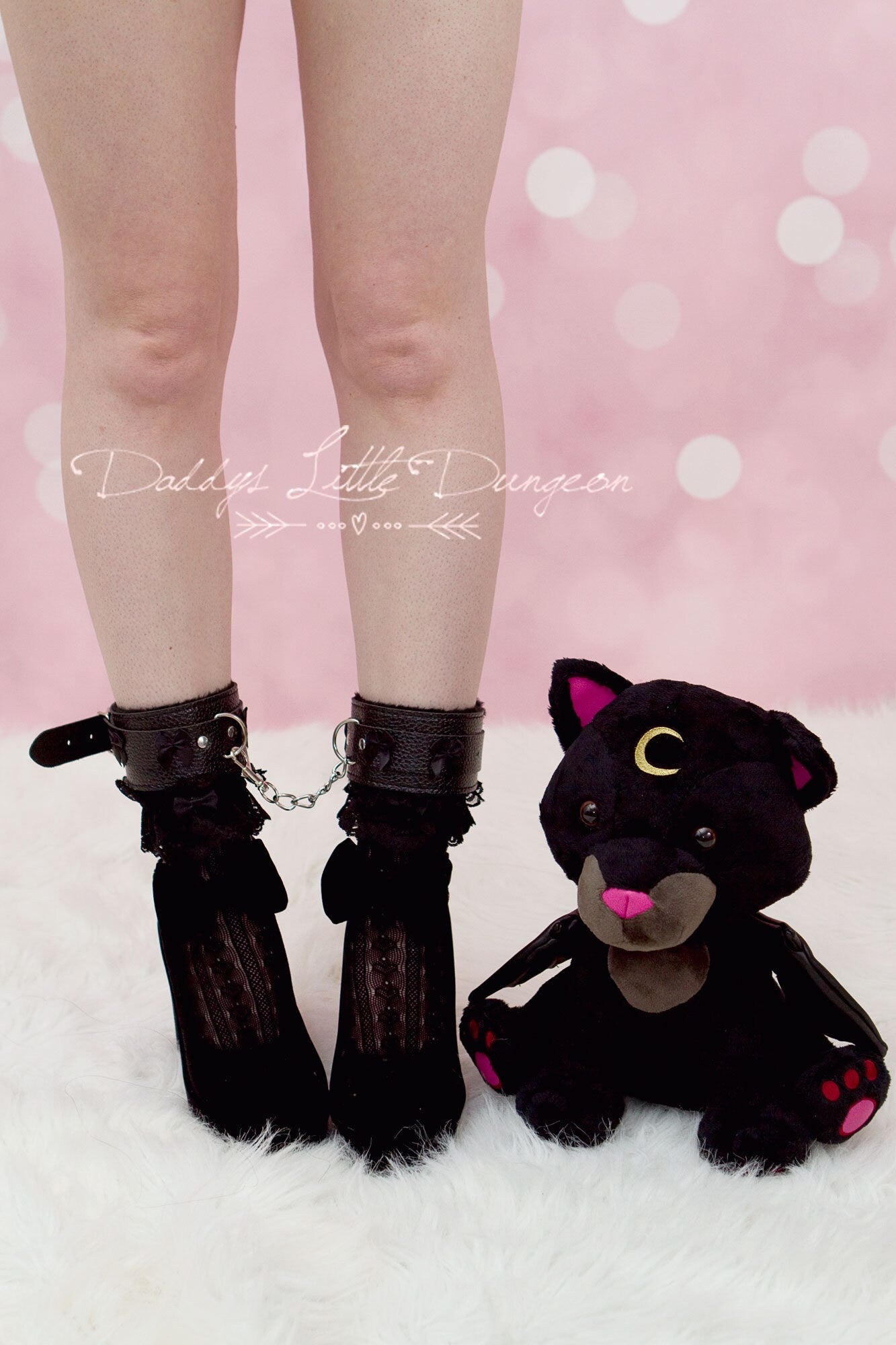 Black Fuzzy BDSM Ankle Cuffs with Purple Bows - Faux Leather & Fur Leg Restraints for Light Bondage - Goth, Sub, Femdom, Petplay - mature