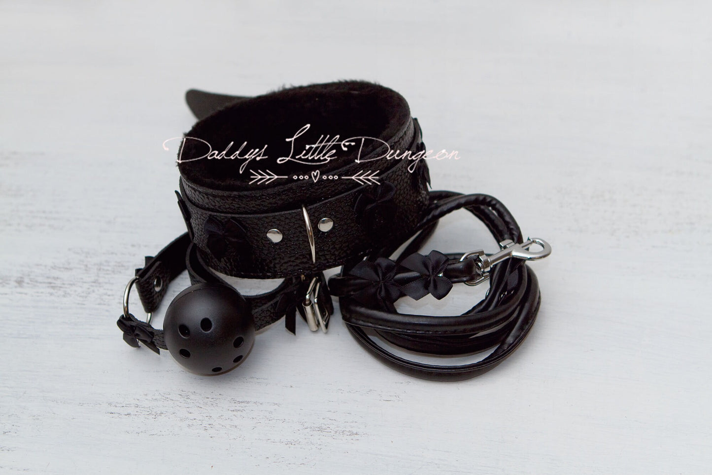 DDLG Pretty Black Furry BDSM Gothic Bondage Collar Leash & Ball Gag Set - Bows Master Girly Sub Sissy Daddys Little Girl Kawaii ABDL mature