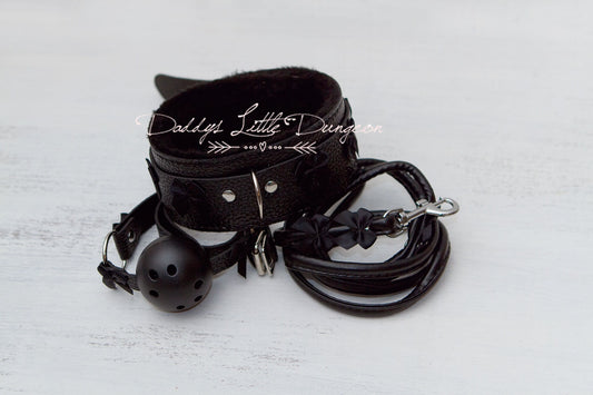 DDLG Pretty Black Furry BDSM Gothic Bondage Collar Leash & Ball Gag Set - Bows Master Girly Sub Sissy Daddys Little Girl Kawaii ABDL mature