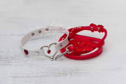 DDLG Pretty Red BDSM Bondage Collar & Leash Set Satin Bows Sub Master Girly Sub Sissy Daddys Little Baby Girl Kawaii ABDL mature furry