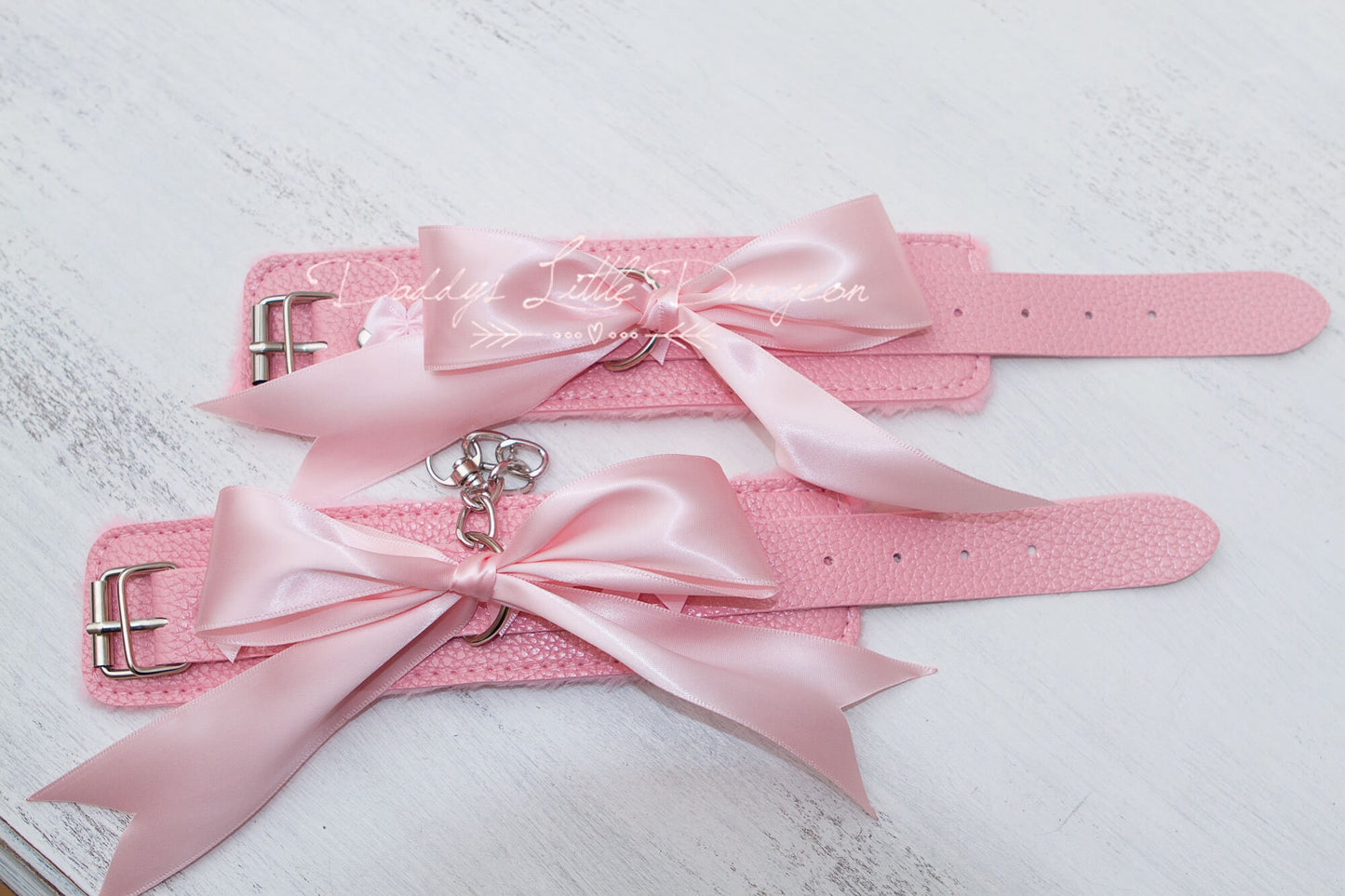 Pink BDSM BONDAGE SET ~ 2 Pairs Fuzzy Handcuffs, Fur Ankle Restraints with bows - Kinky Sex Toys and Fetish Gear wrist cuffs - mature