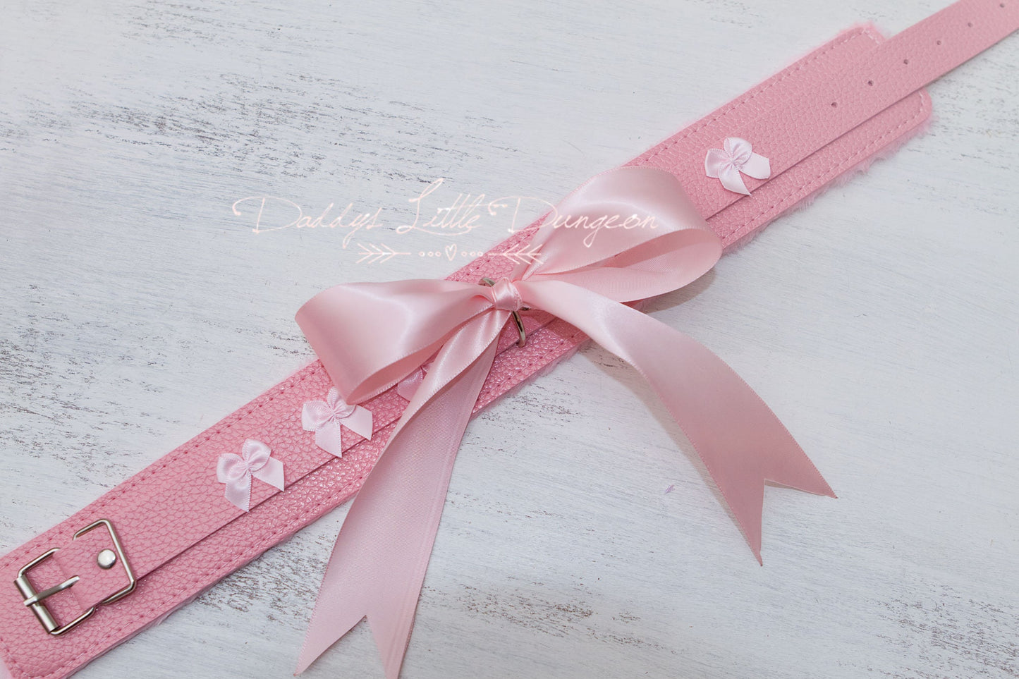 DDLG Pretty Pink Furry BDSM Bondage Collar & Leash Set Satin Bows Submissive Master Girly Sub Sissy Daddys Little Girl Kawaii ABDL mature